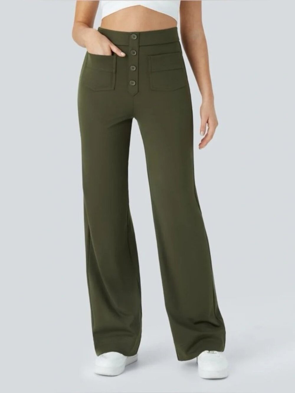 Halara DayStretch High Waisted Straight Leg Pants Green Pockets Size XL NWOT